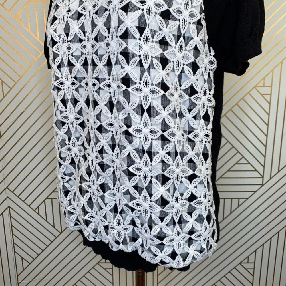 Anthropologie Moth Facade Sweater Short Sleeve Lace Gingham Black White Size XS - Picture 5 of 8